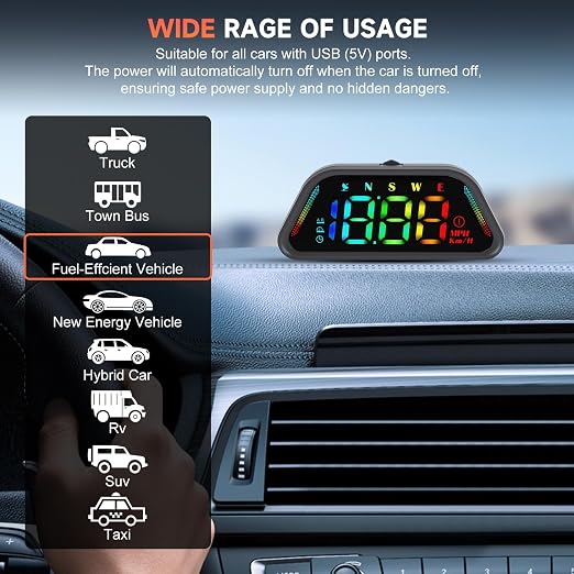 Color Digital Speedometer Heads Up Display for Vehicles,Multiple Color Options, Real-Time Speed, Auto Brightness, Overspeed Alert,360-degree Bracket,Plug and Play,Suitable for All Cars 