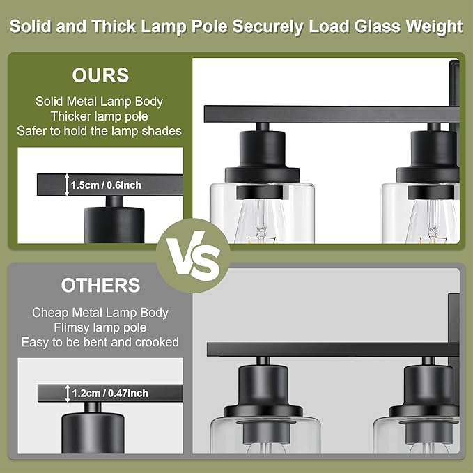 Unicozin Modern Bathroom Light Fixtures, 4 Light Vanity Lights Over Mirror, Black Wall Lamp with Clear Glass for Living Room Cabinet Bedroom Porch
