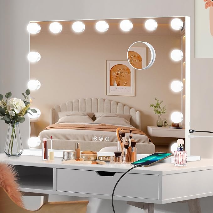 Moonee Vanity Mirror with Lights, Hollywood Lighted Makeup Mirror with 23 Dimmable Bulbs and 10X Magnification, 3 Colors Modes, Light Up Mirror, Gifts for Women, Girls,Dorm Room Essentials(44" x 30")