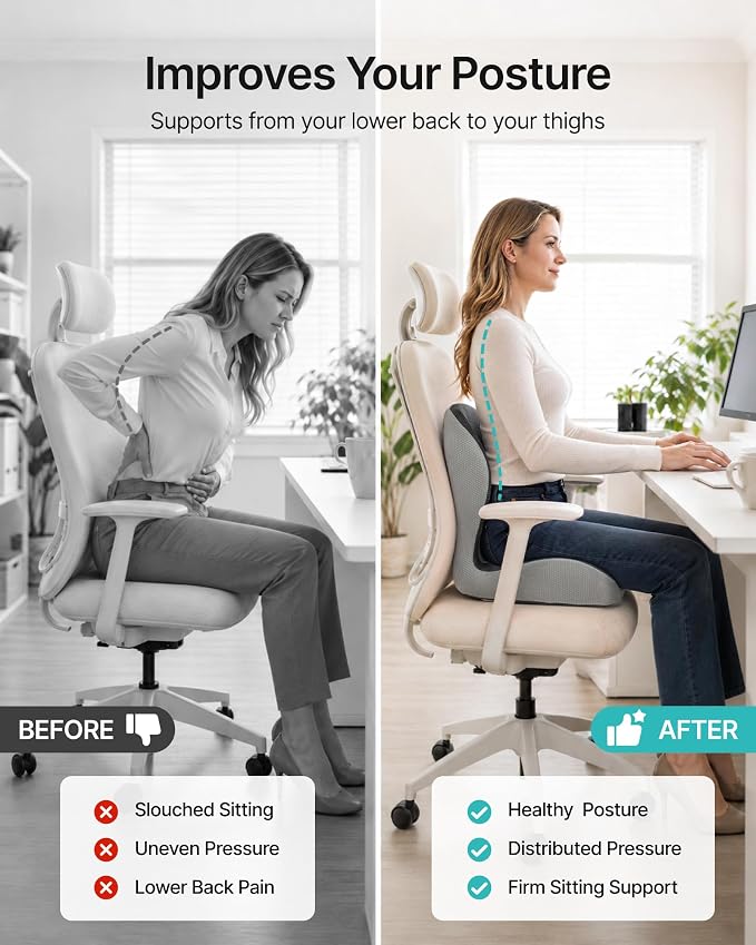 PEGZONE Seat Cushion with Lumbar Support, Memory Foam Cushion for Chair | Ergonomic Lumbar Support Pillow,Chair Cushion for Office , Car, – Orthopedic Pain Relief Cushion,For Back, Tailbone, Gray