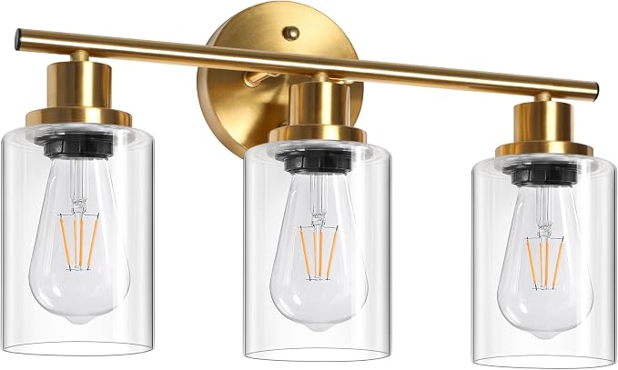 Unicozin Modern Bathroom Light Fixtures, 3 Light Vanity Lights, Gold Wall Lamp with Clear Glass for Bathroom, Mirror, Living Room, Bedroom, Hallway, E26 Base
