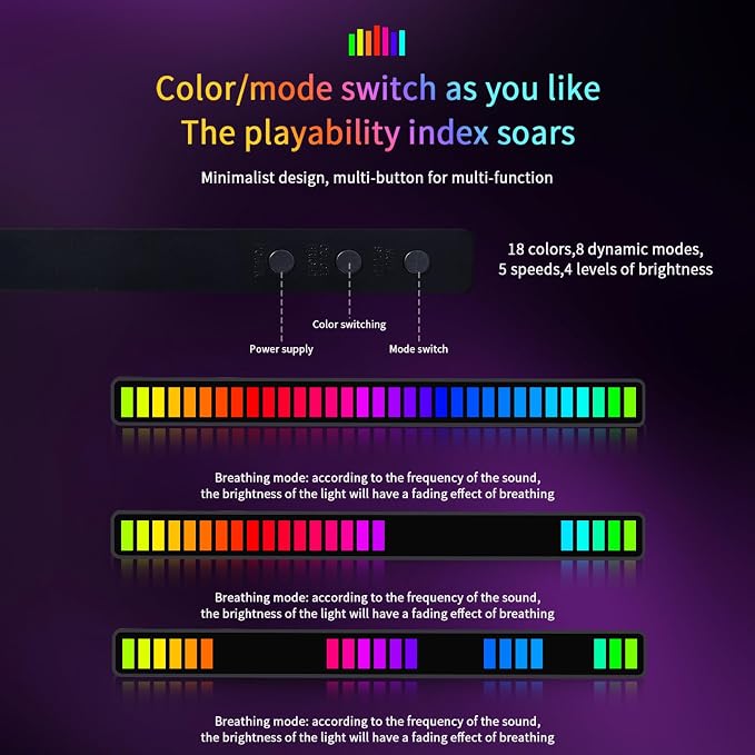 RGB Sound-Activated Music Rhythm Car Ambient LED Strip Light, 2packs | Gaming or Party Atmosphere, Sound-Sensitive Pulsing, Rechargeable Battery, Soft RGB Lighting, Type-C Charging (App)