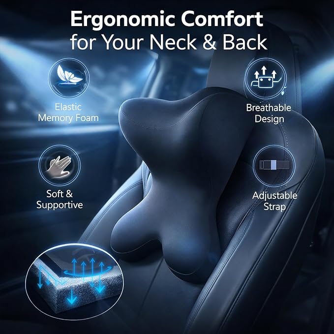 Car Headrest Pillow,Neck Support for Office Chair,100% Memory Foam Car Neck Pillow - Ergonomic Neck Support with Adjustable Double Strap, Breathable Comfort for Car, Gaming & Office Chairs