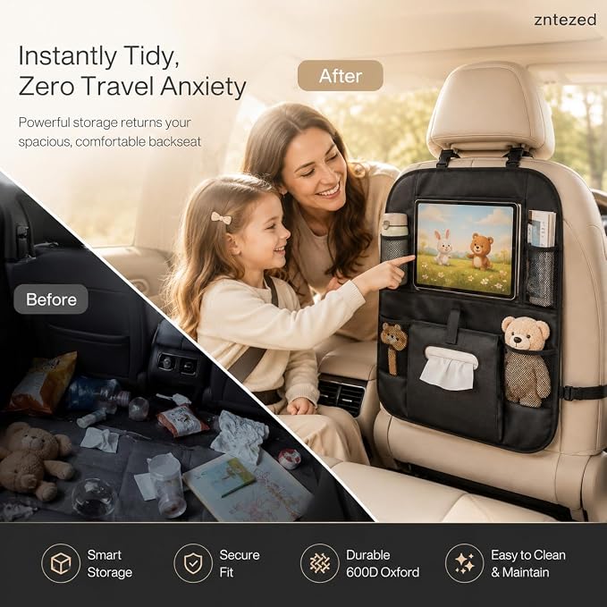 Car Backseat Organizer with 12 Storage Pockets, 12" Touch Screen Tablet Holder, Waterproof Kick Mats Seat Protector, Car Organizers and Storage for Kids, Road Trip Essentials(2 Pack,Black)