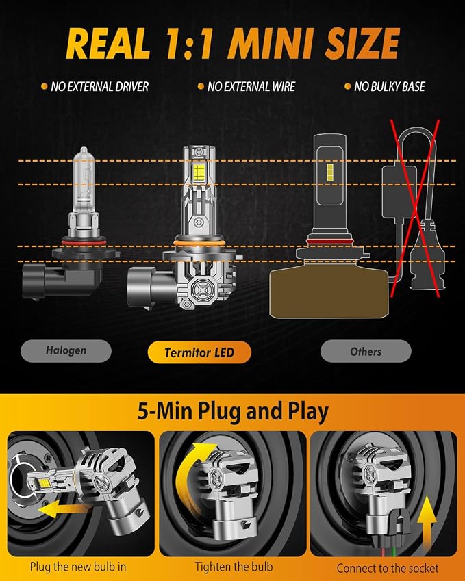 FORENNER HB3/9005 Headlight Bulb, 100,000LM 24 LED Chips Super Bright 6500K, 10 Years Service Life with Cooling Fan, 1:1 Size 9005 Halogen, CANbus-Ready Plug N Play, lP68 Waterproof, Pack of 2