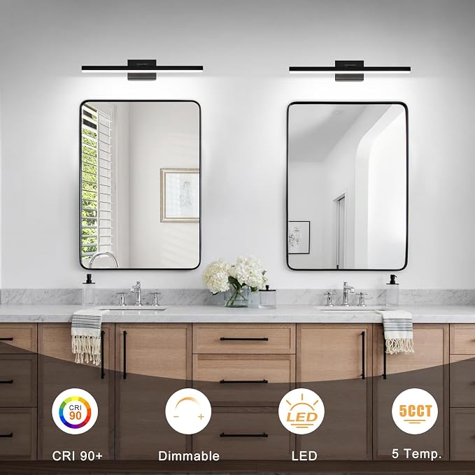 IZORRO Modern Bathroom Vanity Light 16 inch, Rotatable, 12W Dimmable Led Bathroom Light Fixture Over Mirror, Black Vanity Light Bar (5 Color Temperature)
