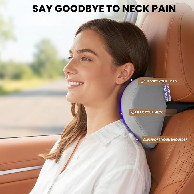 ZZ-WELL Car Headrest Pillow, Car Neck Pillow for Neck Pain Relief with Adjustable Strap, Memory Foam & Breathable Removable Cover, Travel Car Neck Pillow for Pain Relief While Driving (Grey, 2Pack)