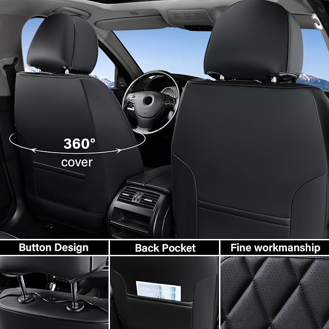 Coverado Car Seat Covers, Front Seat Cover, 2 Pack Waterproof Seat Covers for Cars, Luxury Faux Leather Car Seat Cushions, Car Seats Protectors, Black Car Seat Covers Universal Fit for Most Vehicles