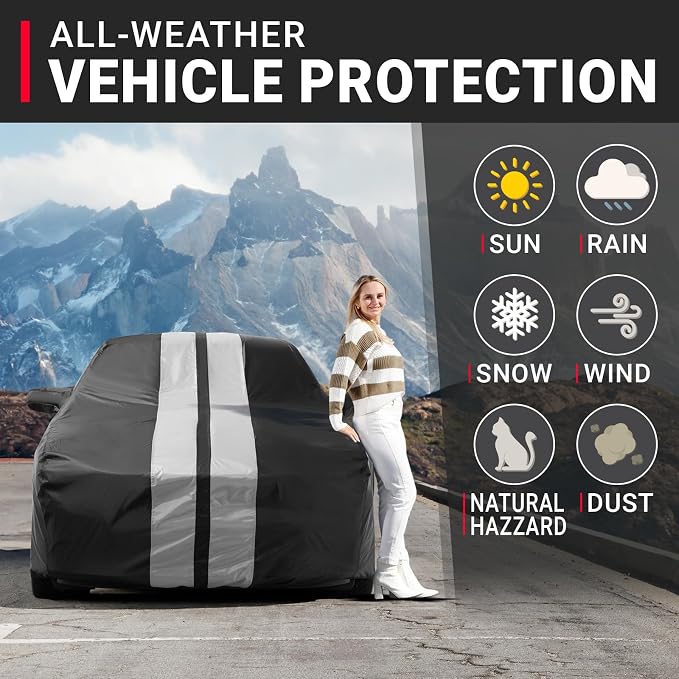 iCarCover Premium Heavy Duty Car Cover - Waterproof All Weather Rain Snow UV Protection, M3, 3-Series, Cascada, G37 Sedan, C-Class, Prius Prime, Model 3, Size C15 (See Size Chart), Stripe - Black/Gray
