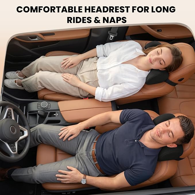 ZZ-WELL Car Headrest Pillow, Car Neck Pillow for Neck Pain Relief with Adjustable Strap, Memory Foam & Breathable Removable Cover, Travel Car Neck Pillow for Pain Relief While Driving (Black, 1Pack)
