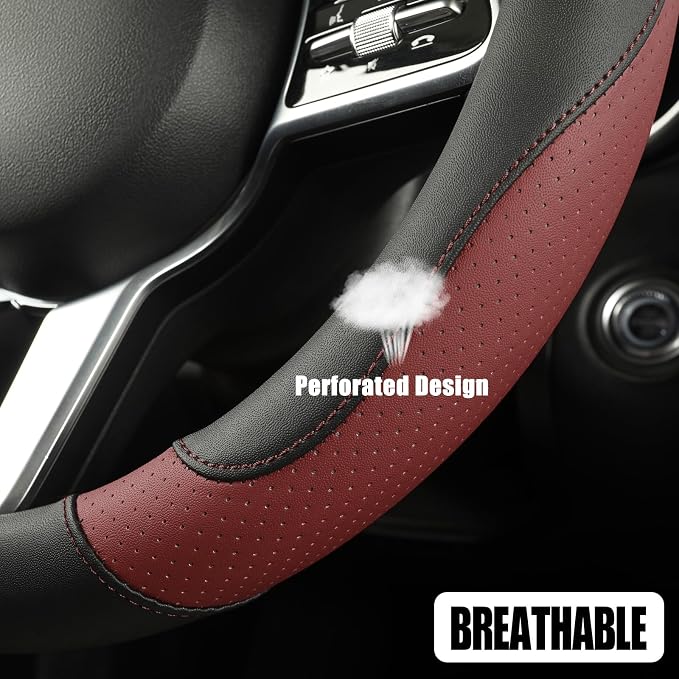Black Burgundy Microfiber Leather D Shaped Steering Wheel Cover | Breathable Anti Slip Grip Cool Sporty Look Glow for Women Men