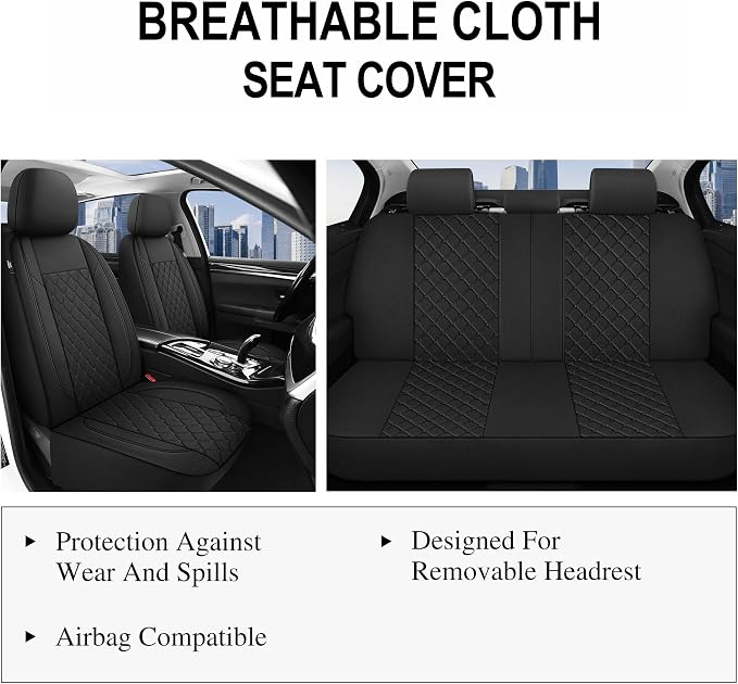 YGL Breathble Car Seat Covers Full Set,Washable Seat Covers for Cars,Premium Cloth Car Seat Protectors,Interior Covers for Cars,Sedan Van Truck SUV(Black)