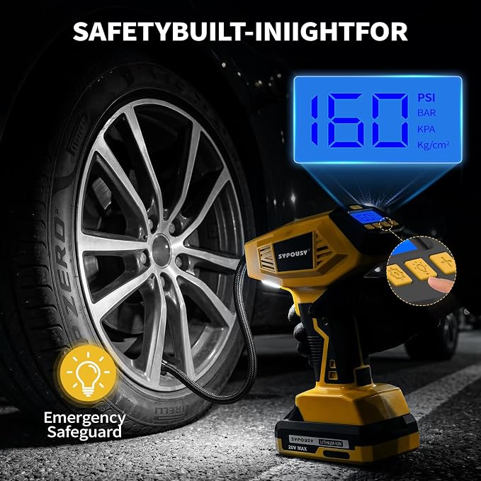 Tire Inflator Portable Air Compressor - 𝟒𝐗 Faster Inflation, 160PSI Cordless Tire Pump with Dual Power Rechargeable Battery & 12V Car power, Auto Shut Off, Digital Gauge for Car, Motorcycle, E-Bike