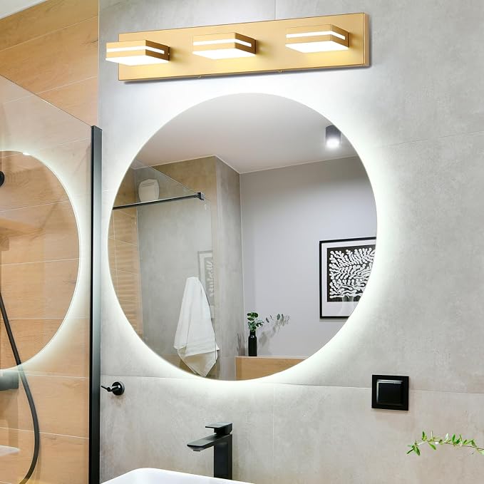 SineRise LED Modern Bathroom Vanity Light Fixtures (3-Light, 24-Inch), Matte Gold Modern Acrylic Bathroom Wall Lighting Fixtures Over Mirror (Cool White 6000K)