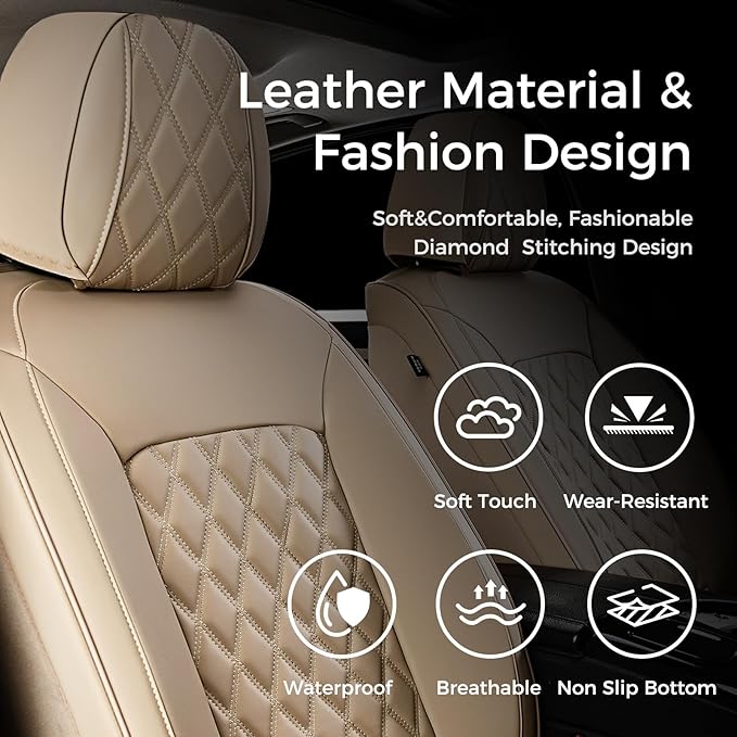 Huidasource Beige Front Seat Covers, Leather Car Seat Covers Front Seats, Driver Seat Cover Waterproof, Airbag Compatible, Universal Fit for Most Cars, Vans, Trucks, SUVs (Front Pair/Beige)