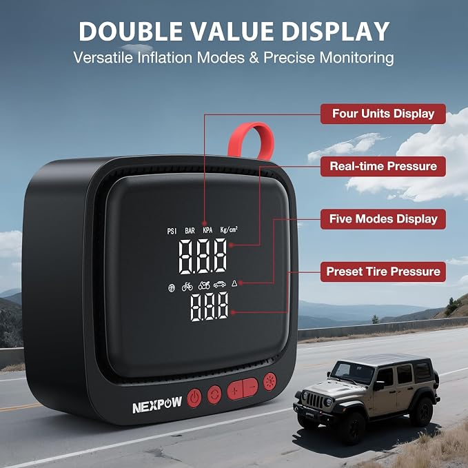 NEXPOW Tire Inflator Portable Air Compressor 150PSI 12V DC Air Pump with Dual Digital Pressure Gauge & Auto Shut-Off, Air Compressor Portable with LED Light for Car, Motorcycle, Bicycle, Ball and More