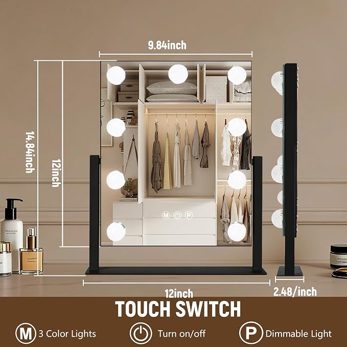 Moonee Vanity Mirror with Lights, Black Hollywood Lighted Makeup Mirror with 9 Dimmable Bulbs and 10X Magnification 360°Rotation, 3 Colors Modes, Light Up Mirror for Tabletop(12" x 14")