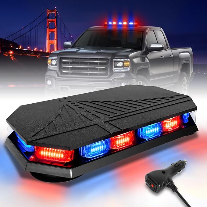 HLauto 406D Rooftop Emergency Strobe Lights Bar, 102 LED Red Blue Mini Beacon Safety Flashing Warning Traffic Lights Bar w/Magnetic Base for 12-24V Trucks, Construction Vehicles, Snowplow, Cars