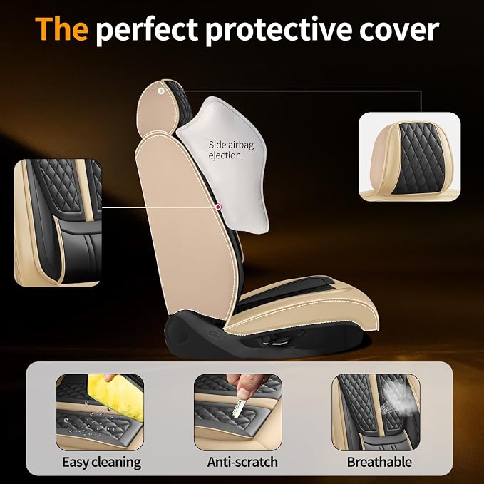 Fit CRV Car Seat Covers Compatible with Honda CRV 2013-2022 2023 2024 2025 2026.Full Coverage Waterproof Leather,All-Weather Seat Cushion Protector-Easy Installation(2 Front,Beige)