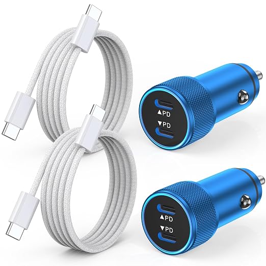 iPhone Car Charger Fast Charging,iPhone 16 Car Charger 2PACK Dual USB C PD3.0 Port CarCharging Adapter and USB C to C Braided Nylon Charging Cable Compatible with iPhone 16/16 Pro Max/15/iPad(Blue)