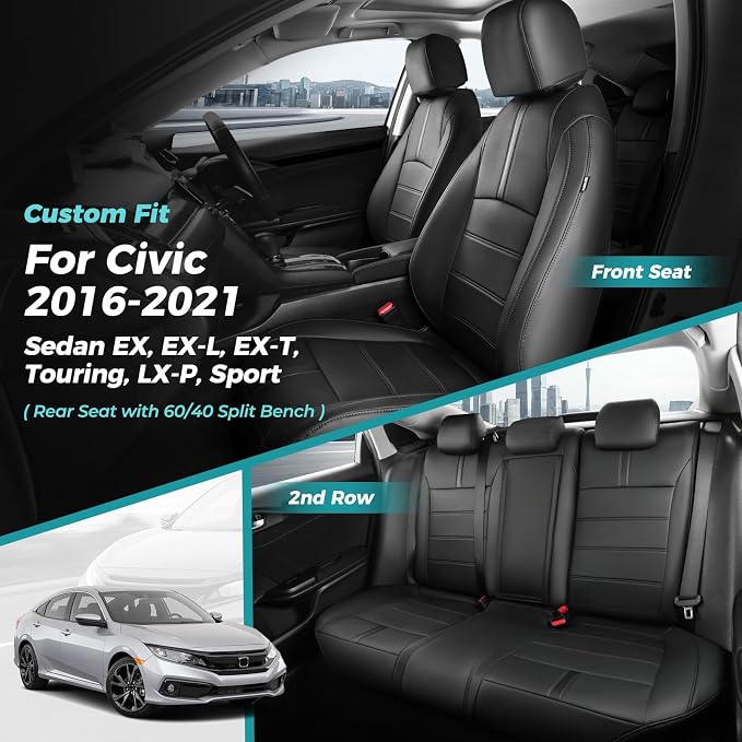 Seat Covers for Honda Civic Sedan EX-L, EX-T, EX, Touring, Sport 2016-2021, Faux Leather Car Seats Cover Full Set Waterproof Black (60/40 Split Seatback-with Rear Armrest)