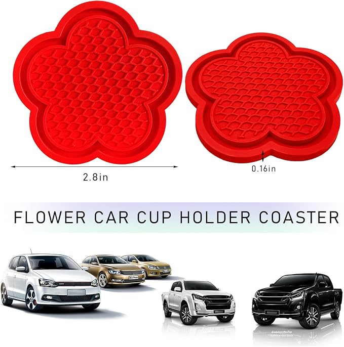 DXNQ 4 PCS Car Cup Coasters, Cute Flower Shaped Car Cup Holder Mat, PVC Waterproof Anti Slip Vehicle Cup Holder Insert Coaster, Universal Car Interior Decor Accessories (Red)