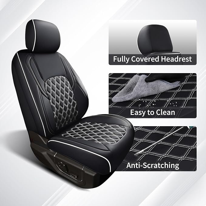 Huidasource Tacoma Front Car Seat Covers, Leather Seat Cushion Cover Fit for 3rd Gen Toyota Tacoma 2016-2023 Double&Crew Cab SR,SR5, Limited,TRD Pro, TRD Sport, TRD Off-Road(Front Pair/Black&White)
