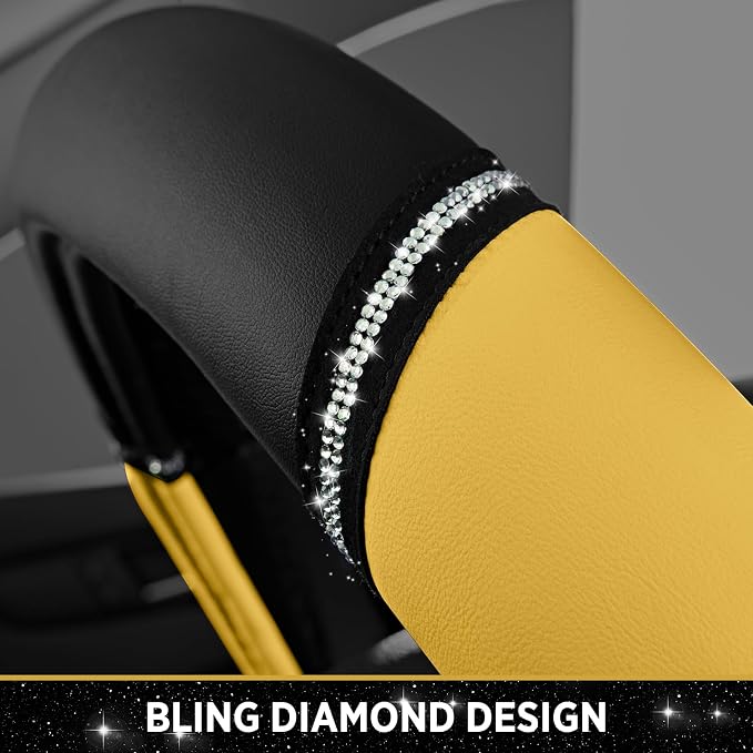 Road Comforts Leather Steering Wheel Cover - Made with PVC Leather - Anti-Slip, Universal Fit 14 1/2 inches to 15 inches - Yellow