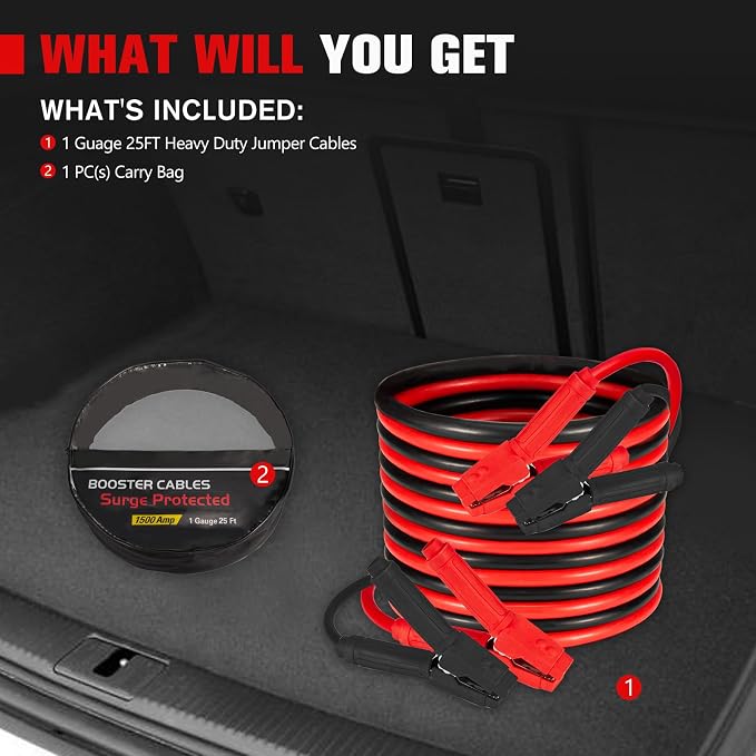 FIERYRED 1 Gauge 25 FT Quick Connect Jumper Cables, 1000A Heavy Duty Booster Cables with Travel Bag,Battery Jumper Cable for Truck, Diesel Trucks, SUV and Car