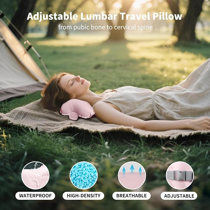 Mixtrend Travel Lumbar Pillow – Inflatable Memory Foam Back Support Cushion for Airplane, Car, Office Chair, Long Flight – Ergonomic Pain Relief for Women, Men & Kids(Blush Pink)