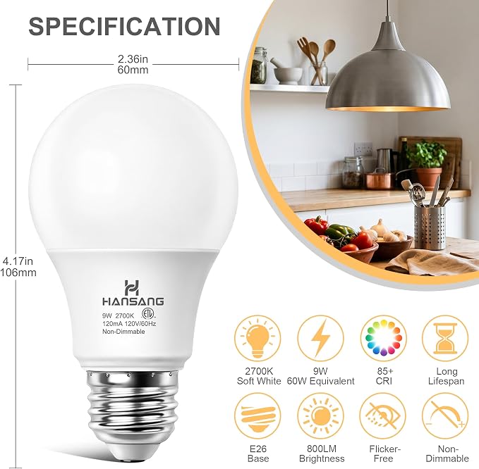 12 Pack A19 LED Light Bulbs, 60W Equivalent, 2700K Soft Warm White LED Bulb with E26 Standard Base, Efficient 9W, Non-Dimmable, 800 Lumens, 120V, CRI 85, Eye-Friendly for Bedroom Living Room