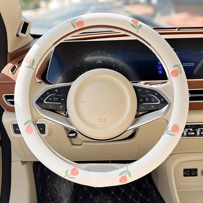 Wheel Cover Flax Microfiber Steering Wheel Covers for Women Fit 15 inch Car Cute Bow Tie Anti-Slip Breathable Absorbing Sweat Cover (Type-O-Tulip)