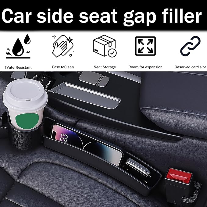2PCS Car Seat Gap Filler Organizer with Cup Holder, Multifunctional Side Seat Crevice Blocker Plug with Storage Slot, No-Drop Auto Console Side Gap Stopper Organizer, Universal Fit (Black)