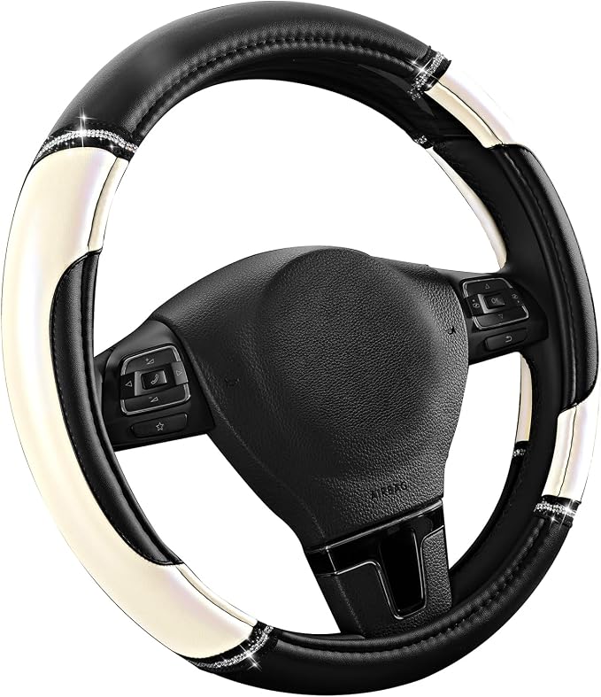 Road Comforts Leather Steering Wheel Cover - Made with PVC Leather - Anti-Slip, Universal Fit 14 1/2 inches to 15 inches - White