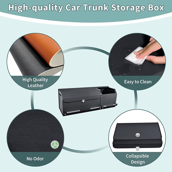 Car Trunk Organizer, Collapsible Leather Car Trunk Storage Organizer with Lid and Sturdy Handle Car Organizer and Storage for SUV, Truck, Sedan (Black, 36.2 x 11.4 x 12.2in)