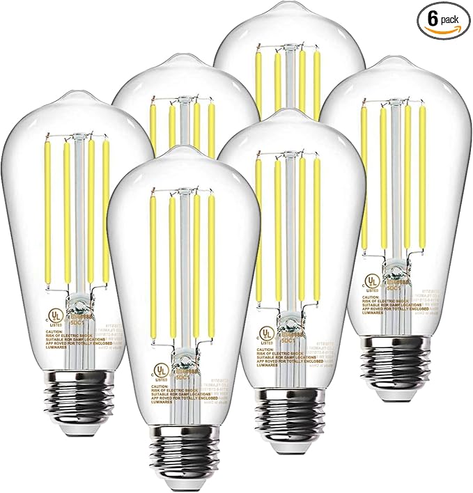 TJOY LED Edison Light Bulbs, E26 Dimmable Vintage Bulb, 8W = 60W Equivalent | Neutral White 4000K, 800LM, E26 Base, ST19/58, 80+ CRI, Clear Glass, Antique Decorative Filament Bulb for Living Room, 6 Pack