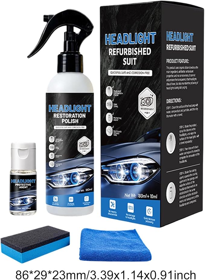 Headlight Restoration Kit, Removes Oxidation & Yellowing, UV Coating (10) | 180ml polish + 10ml ceramic coating, sponge & towel; for cars, trucks, SUVs, motorcycles; long-lasting UV protection