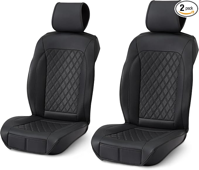 Amazon Basics Front Car Seat Covers, Breathable Faux Leather, Universal Fit, Black, 2-Pack