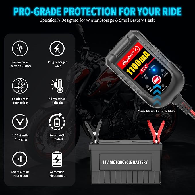 2 Pack Motorcycle Battery Charger 12V, 1.1Amp Trickle Charger and Maintainer - Smart Automatic Float Charger for Cruiser Sport Bike ATV Scooter Dirt Bike Lawn Mower, LiFePO4 Lead Acid AGM Gel