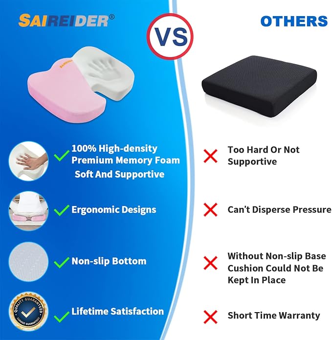 SAIREIDER Office Chair Cushion, Car Seat Cushion, Memory Foam Coccyx Cushion Pads for Tailbone Pain, Sciatica Relief Pillow, Correct Sitting Posture (Pink)