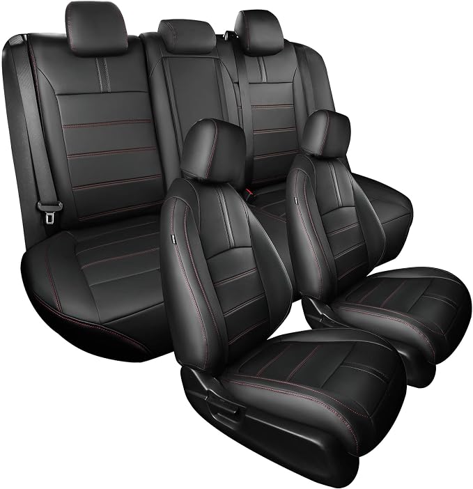 Seat Covers for Honda Civic Sedan EX-L, EX-T, EX, Touring, Sport 2016-2021, Faux Leather Car Seats Cover Full Set Waterproof Black Red Line (60/40 Split Seatback-with Rear Armrest)