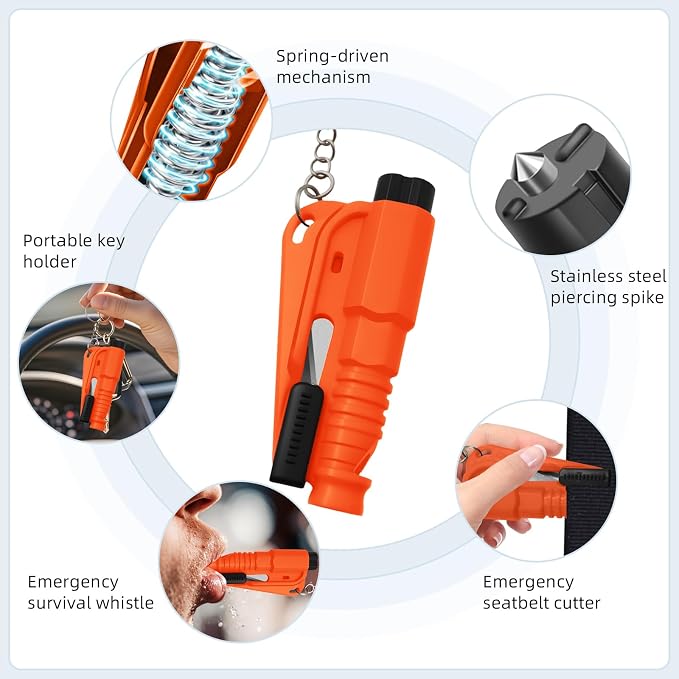 24 Pcs Car Window Breaker Key Chains, 3 in 1 Glass Breaker Seat Belt Cutter Survival Whistle, Portable Safety Emergency Escape Tools, Multifunctional Car Accessories for All Vehicles