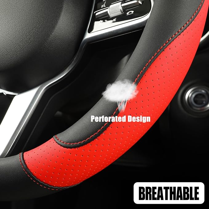 Black Red Microfiber Leather D Shaped Steering Wheel Cover | Breathable Anti Slip Grip Cool Sporty Look Glow for Women Men
