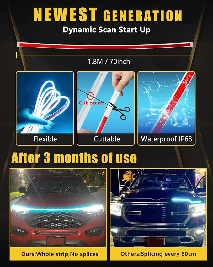 YM E-Bright Led Hood Light Strip Exterior Led Strip Lights for Cars Waterproof Flexible DRL Dynamic Scan Start Up Hoodbeam Kit Daytime Running Light for Truck, SUV, 12V 70inch, Ice Blue, 1 Set