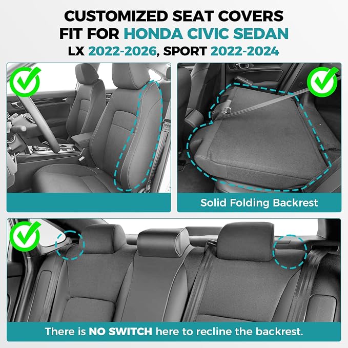Seat Covers for Honda Civic Sedan Sport 2022 2023 2024 & LX 2022-2026, Custom Faux Leather Car Seats Cover Full Set Waterproof - Black (Solid Rear Seatback - NO Rear Armrest)