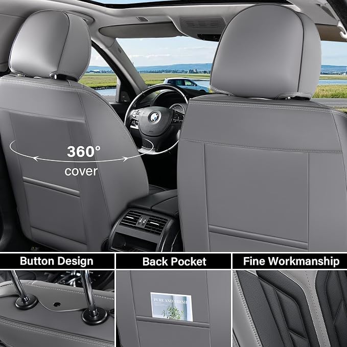 Coverado Car Seat Covers Full Set, Automotive Seat Covers Car Seat Protector Car Seat Cushion, Waterproof Leather Seat Covers for Cars, Universal Fit for Most Sedans SUV Pick-up Truck(Gray&Black)