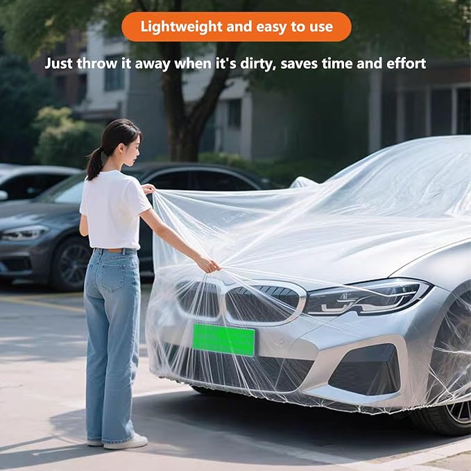 Car Essential Universal Disposable Clear Plastic Car Cover Suitable for SUV Sedan (Membrane Size:11.8ft x 21ft) with Elastic Band for Outdoor Snow Rain Weather,Individually Packaged, Super Convenient