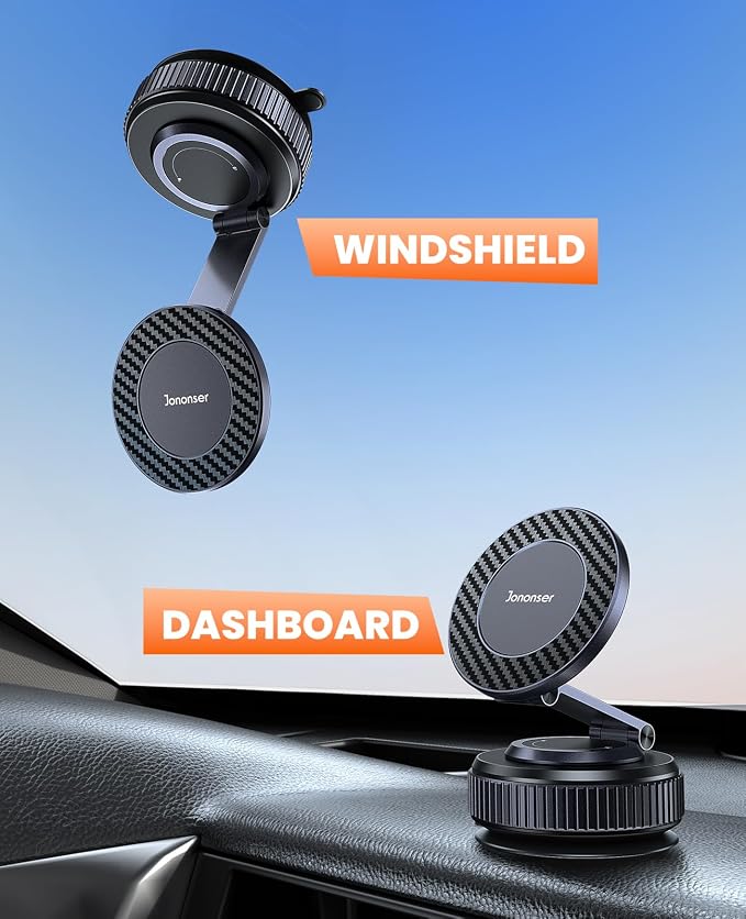 Jononser Suction Phone Mount for Car Dashboard/Windshield - 360°Adjustable Magnetic Phone Holder for Car, Foldable Car Phone Holder for iPhone 17/16/15/14/13/12 Series (Carbon Fiber & Aluminum Alloy)