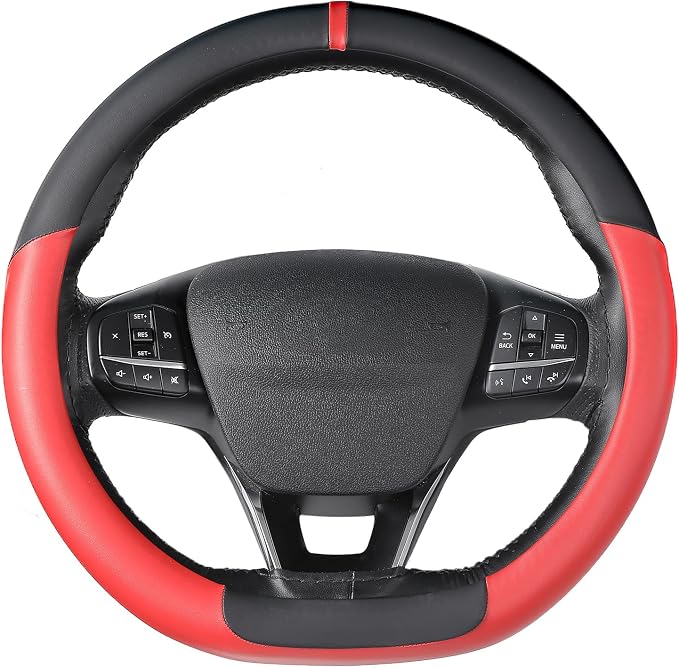 SEG Direct Flat Bottom Steering Wheel Cover, D Shaped Car Wheel Cover 14 1/2-15 in. (37-39 cm), Black Red Microfiber Leather