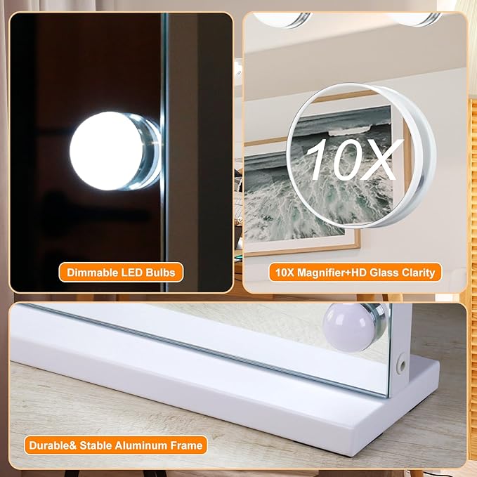 Moonee Vanity Mirror with Lights, Hollywood Lighted Makeup Mirror with 18 Dimmable Bulbs and 10X Magnification, 3 Colors Modes, Light Up Mirror, Gifts for Women, Girls,Dorm Room Essentials(32" x 24")